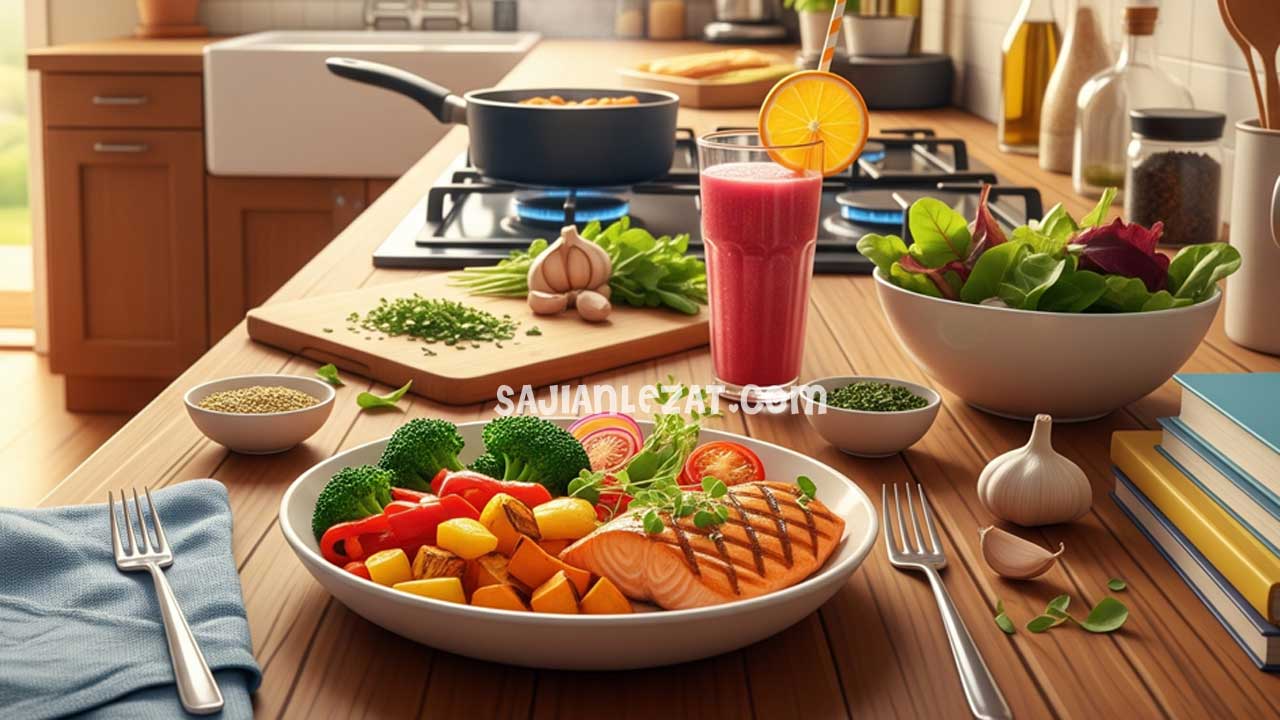 Ilustrasi diet sehat dengan masakan rumahan bergizi seimbang